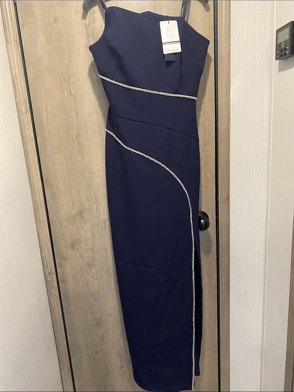 Shoshanna Navy Blue Sleeveless Evening Gown with Silver Trim seen on Usha Vance